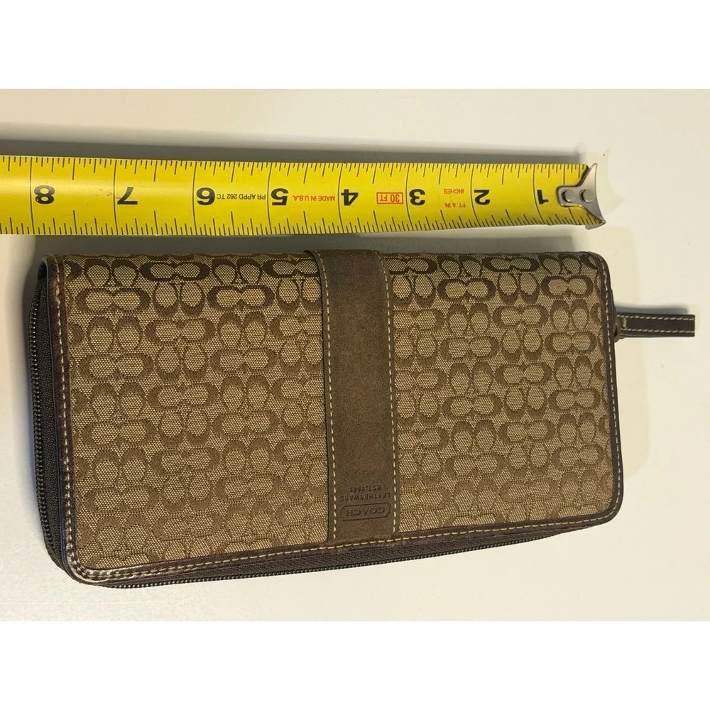 VTG Coach‎ Wallet Brown Signature Canvas Suede Trim Zip Around Accordion Clutch